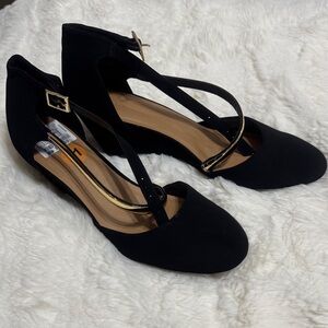 Andiamo Black Women's Ankle Strap Wedge Heels with Gold Accent